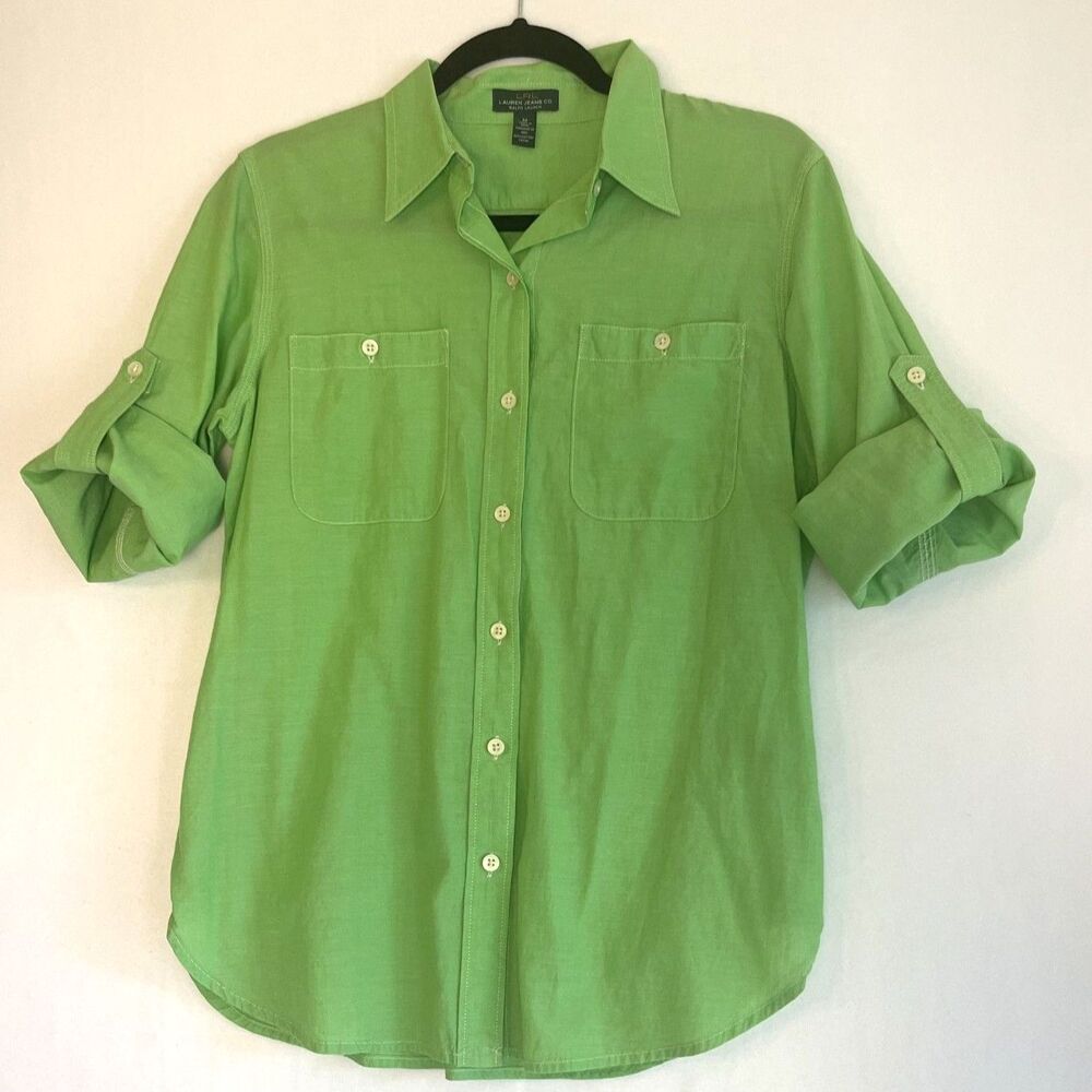 LRL Lauren Jeans Co 100% Cotton Casual Button Up Shirt Green Lightweight Sz M